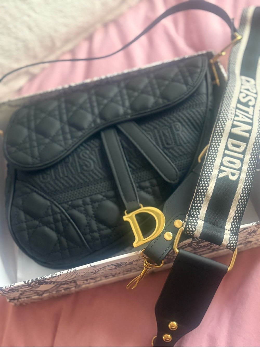 Black Quilted Saddle Bag with Logo Strap